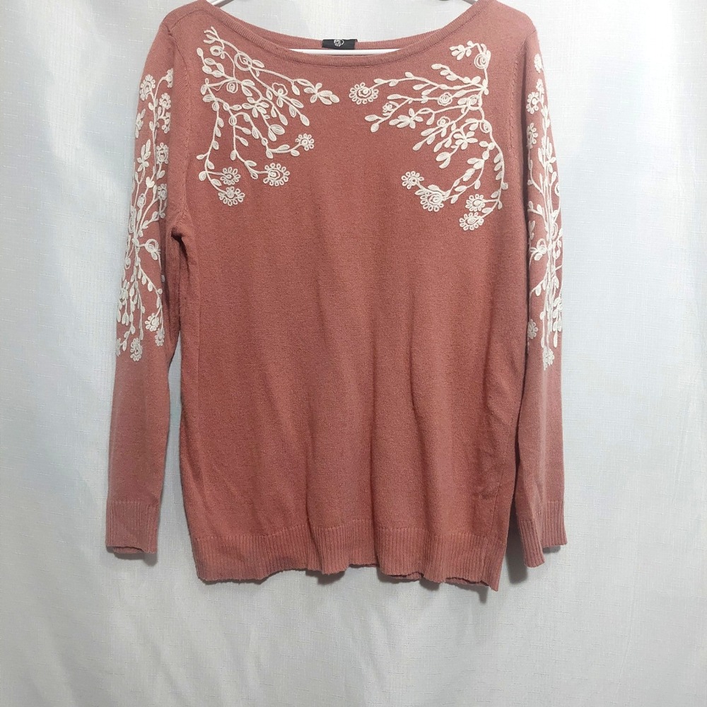 Rain + Rose Womens Medium Pink Floral Embroidered Sweater Long Sleeve Pullover